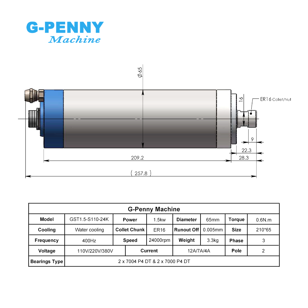 G-Penny CNC 1.5KW ER16 65mm 4  - đánh giá và giá Water Cooled Spindle